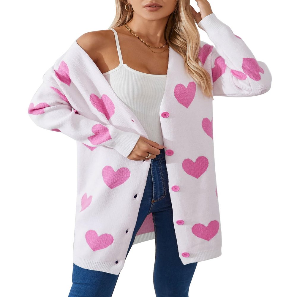 Allifewithu Women's Valentine Cardigans Sweater Fall Winter Loose Casual Cute Heart Button Down Cardigan Coat White Large