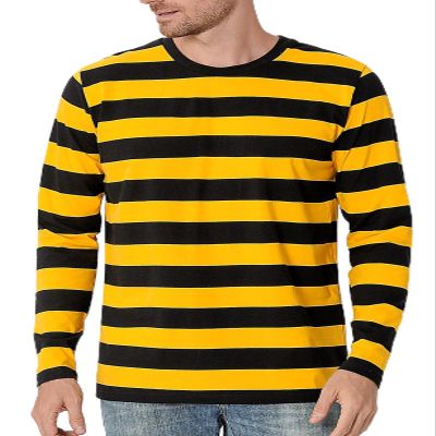 Funny World Black and Yellow Striped Shirt Long Sleeve Men Bumble Bee Costume Casual Basic T-Shirt, Yellow and Black Striped Long Sleeve, 3X-Large