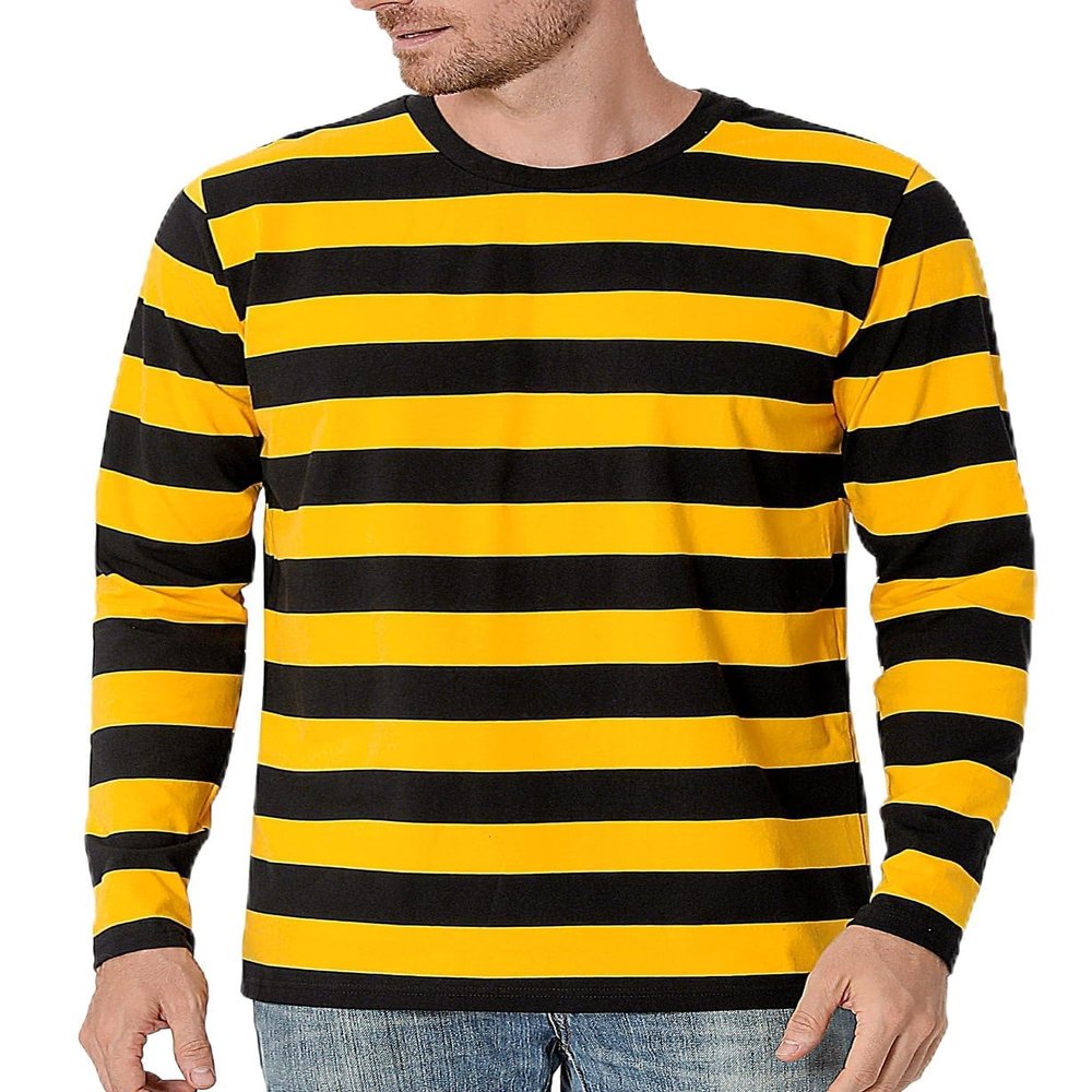 Funny World Black and Yellow Striped Shirt Long Sleeve Men Bumble Bee Costume Casual Basic T-Shirt, Yellow and Black Striped Long Sleeve, 3X-Large