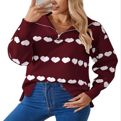 Allifewithu Women's Zip Up Pullover Sweaters Long Sleeve Side Slit Loose Casual Cute Heart Knit Sweater (Wine Red,Medium)