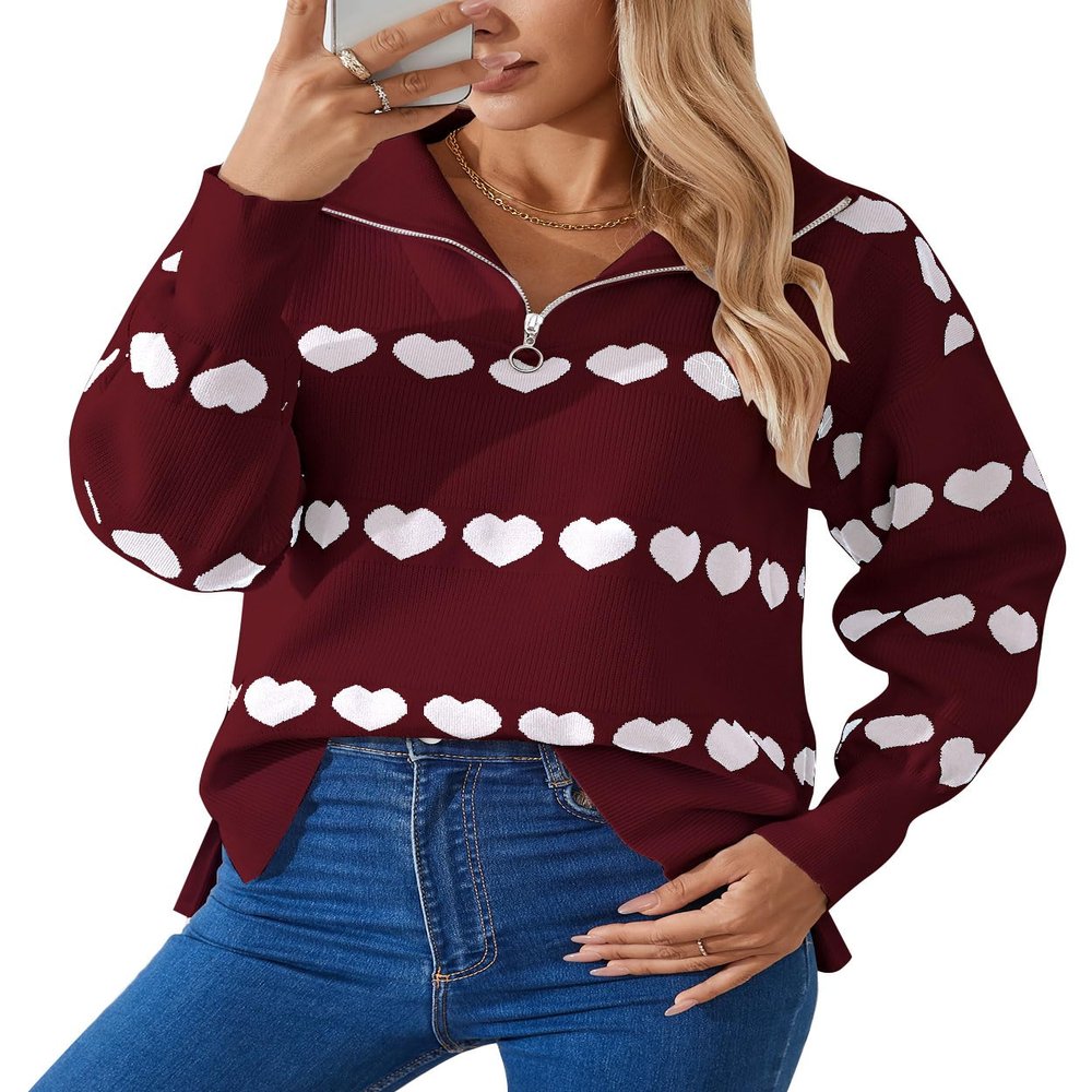 Allifewithu Women's Zip Up Pullover Sweaters Long Sleeve Side Slit Loose Casual Cute Heart Knit Sweater (Wine Red,Medium)