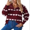 Allifewithu Women's Zip Up Pullover Sweaters Long Sleeve Side Slit Loose Casual Cute Heart Knit Sweater (Wine Red,Medium) view 1