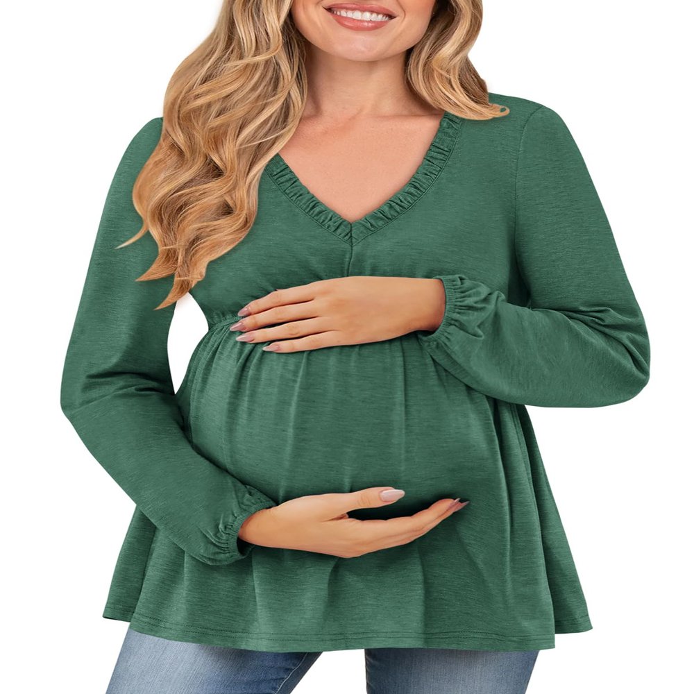 FMEYOA Pregnancy Blouse for Women Slim Fitted Side Ruched Tops 2025 Trendy Fall Maternity Tee Dark Green L