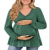 FMEYOA Pregnancy Blouse for Women Slim Fitted Side Ruched Tops 2025 Trendy Fall Maternity Tee Dark Green L view 1