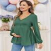 FMEYOA Pregnancy Blouse for Women Slim Fitted Side Ruched Tops 2025 Trendy Fall Maternity Tee Dark Green L view 2