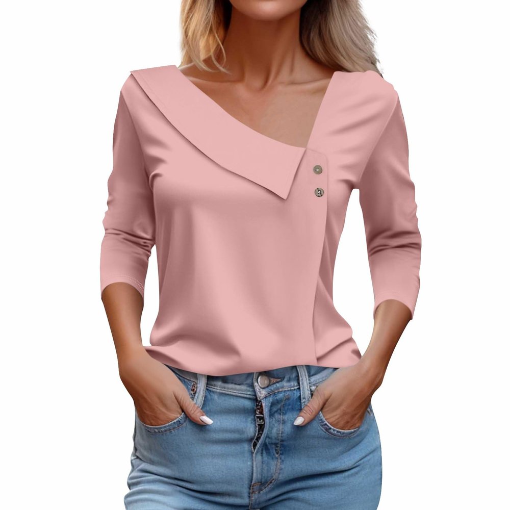 NineFit Basics 3/4 Sleeve Blouses for Women Womens Casual Summer Tops Fall Solid Color Button Plus Size Shirts Soft Comfy Asymmetric V Neck Half Sleeve Women Graphic Tees Outfits Pink XL