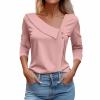 NineFit Basics 3/4 Sleeve Blouses for Women Womens Casual Summer Tops Fall Solid Color Button Plus Size Shirts Soft Comfy Asymmetric V Neck Half Sleeve Women Graphic Tees Outfits Pink XL view 1