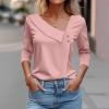 NineFit Basics 3/4 Sleeve Blouses for Women Womens Casual Summer Tops Fall Solid Color Button Plus Size Shirts Soft Comfy Asymmetric V Neck Half Sleeve Women Graphic Tees Outfits Pink XL view 2