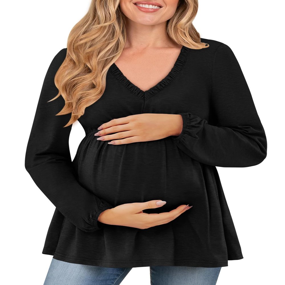 FMEYOA Maternity Clothes Loose Fall Long Sleeve Tops Fashion Basic Pregnancy T Shirt Black S