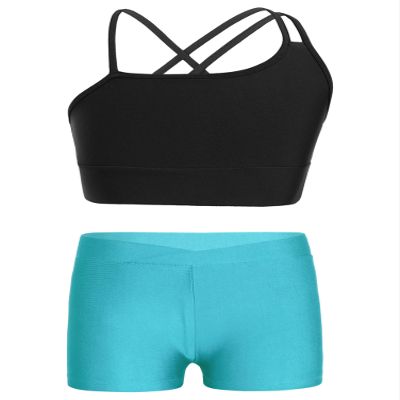 CHICTRY Kids Girls 2 Piece Dance Outfits Sleeveless Crop Top and Shorts Set Gymnastics Yoga Sportwear Swimming Swimwear Black&Lake Green 14 Years