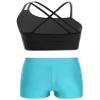 CHICTRY Kids Girls 2 Piece Dance Outfits Sleeveless Crop Top and Shorts Set Gymnastics Yoga Sportwear Swimming Swimwear Black&Lake Green 14 Years view 2