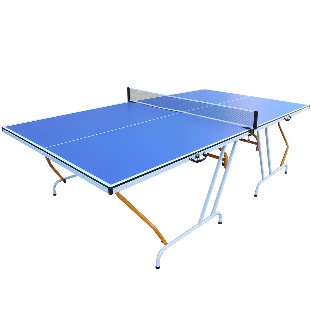 9ft Mid-Size Foldable Table Tennis Table Set with Net, 2 Paddles, 3 Balls - Portable Ping Pong Table for Indoor Games, Adjustable Legs, Built-in Handles for Game Rooms, Apartments, Offices (Blue)