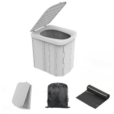 Hapoon XL Portable Folding Camping Toilet with Lid - Travel Portable Potty for Adults, 12 Toilet Bags, 12 Pack Liquid Waste Gel, Light Grey