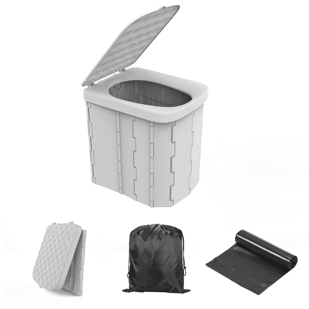 Hapoon XL Portable Folding Camping Toilet with Lid - Travel Portable Potty for Adults, 12 Toilet Bags, 12 Pack Liquid Waste Gel, Light Grey