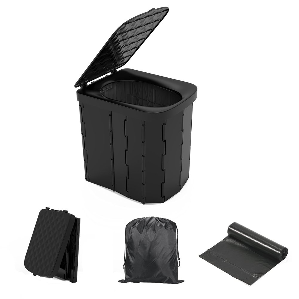 Hapoon XL Portable Folding Camping Toilet with Lid - Travel Portable Potty for Adults, Car Toilet, Light Black