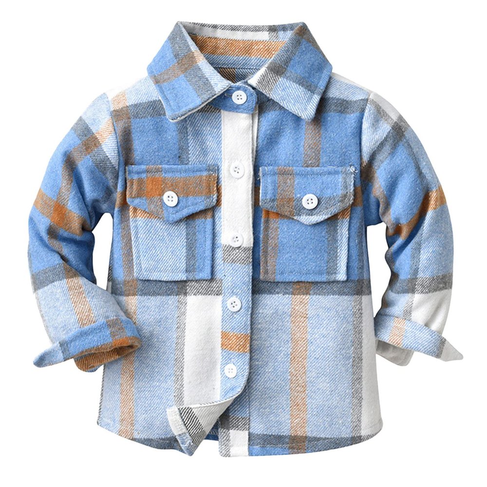 BILIKEYU Boys Girls Plaid Fleece Jacket Coat Color Block Button Down Outwear Top Toddler Kids Long (Blue, 6-12 Months)