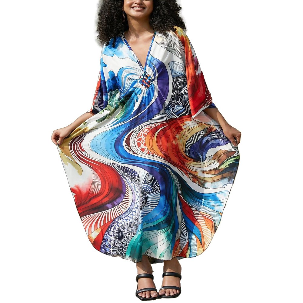 Leisureperiod Women's Kaftan Dress Cover Up Swimwear Summer Dress Ethnic Print V Neck Caftan Loose Casual Loungewear