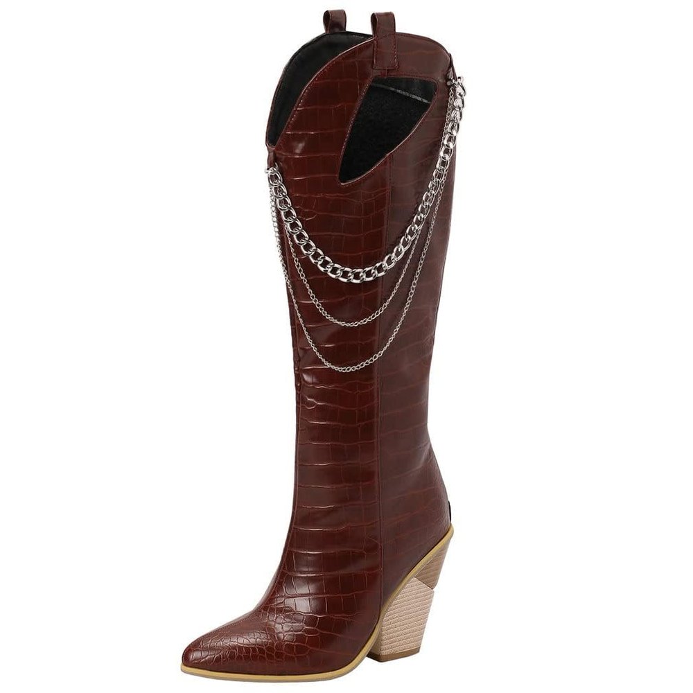 SACFOF Women Western Knee High Cowboy Boots Snake Printed Chunky Heels Pointed Toe Belt Buckle Mid Calf Boots