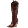 SACFOF Women Western Knee High Cowboy Boots Snake Printed Chunky Heels Pointed Toe Belt Buckle Mid Calf Boots view 1