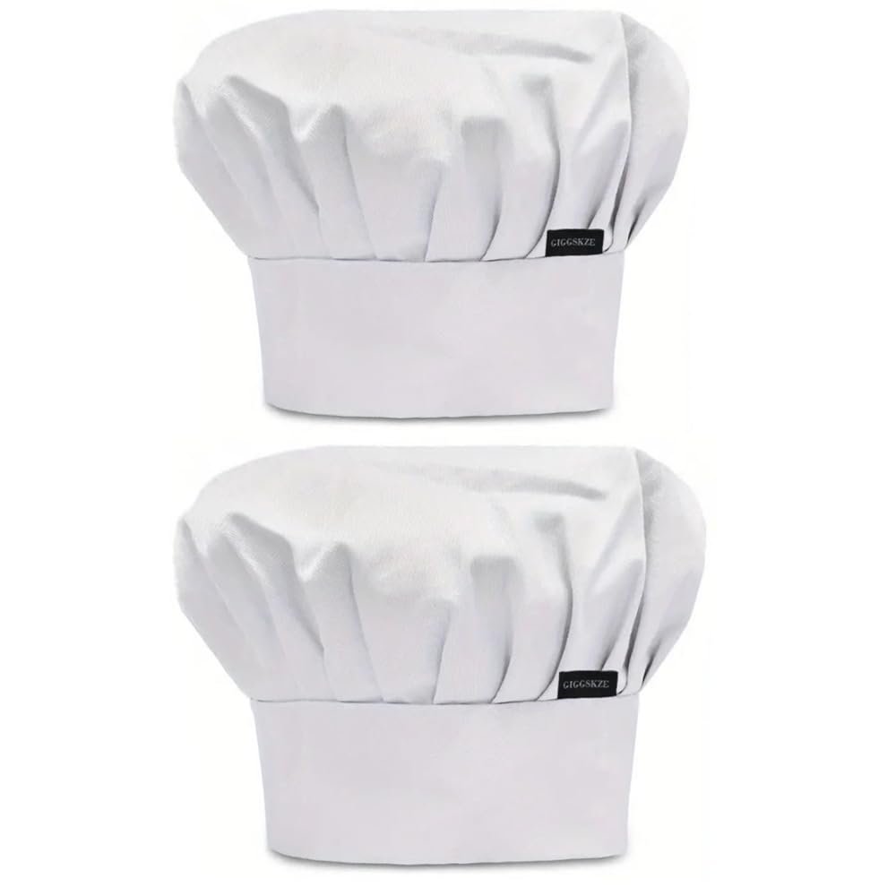 GIGGSKZE 2 Pack Chef Hat Set Baker Hat Adjustable Elastic Cooking Kitchen Caps for Men Women White