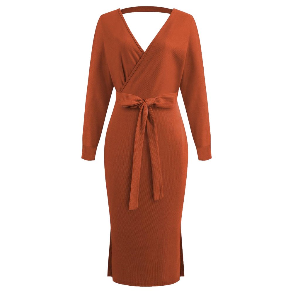 Women's V Neck Long Batwing Sleeve Dress Wrap Midi Knit Sweater Bodycon Dress Elegant Ribbed Backless with Belt Slit (X-Large,Orange)