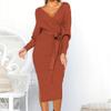 Women's V Neck Long Batwing Sleeve Dress Wrap Midi Knit Sweater Bodycon Dress Elegant Ribbed Backless with Belt Slit (X-Large,Orange) view 2