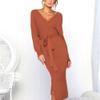 Women's V Neck Long Batwing Sleeve Dress Wrap Midi Knit Sweater Bodycon Dress Elegant Ribbed Backless with Belt Slit (X-Large,Orange) view 3