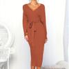 Women's V Neck Long Batwing Sleeve Dress Wrap Midi Knit Sweater Bodycon Dress Elegant Ribbed Backless with Belt Slit (X-Large,Orange) view 4