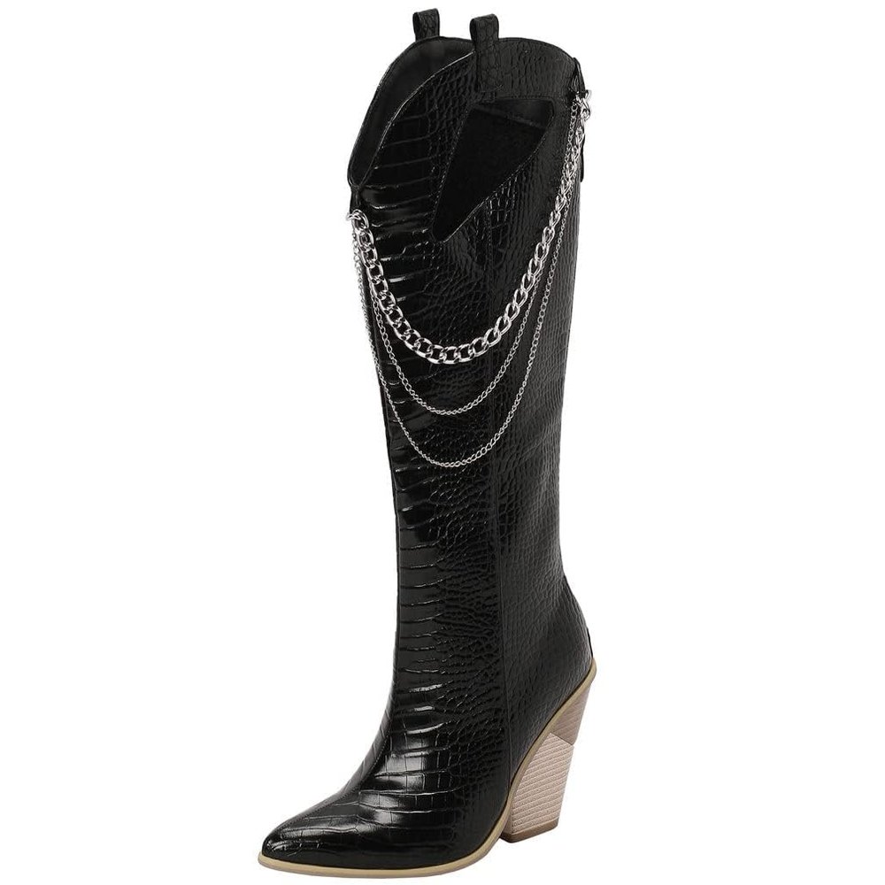 SACFOF Women Western Knee High Cowboy Boots Snake Printed Chunky Heels Pointed Toe Belt Buckle Mid Calf Boots