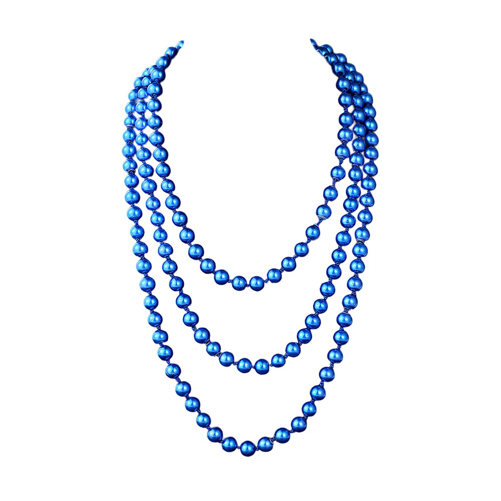 1920s Flapper Faux Pearls Long Beaded Necklace, Gatsby Ballgown Cosplay Necklace, Old School Vintage Layered Pearls Necklace for Women Prom Jewelry (Long-60'' blue)