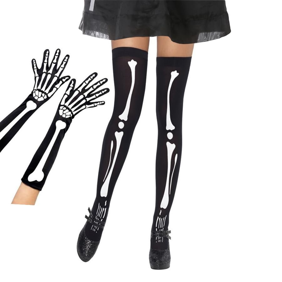 FHGG Halloween Skeleton Gloves Stockings Set UV Black High Long Stockings Over Knee Socks and Full Finger Bones Long Arm Gloves One Size for Women Halloween Cosplay Parties Tights Accessory