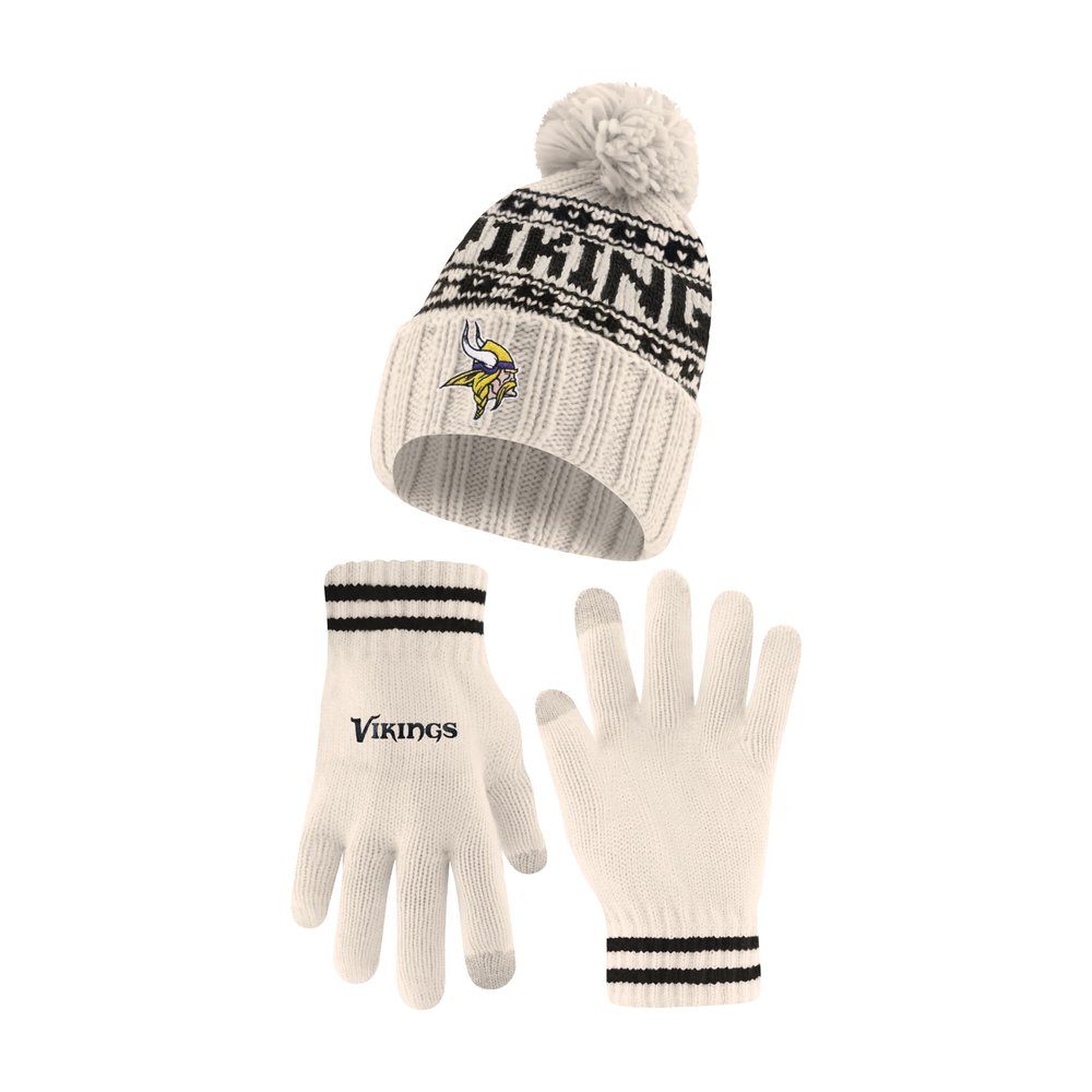 Ultra Game NFL Official Adults Unisex Super Soft Cable Knit Winter Beanie Knit Hat with Extra Warm Touch Screen Gloves, Minnesota Vikings, Natural, 1SIZE