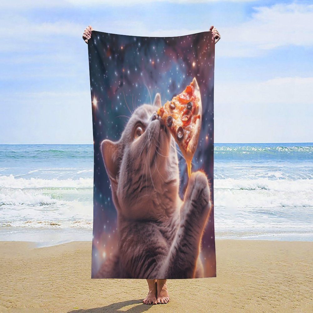 MENDOE Cute Cat Beach Towel, Pizza Funny Swimming Pool Towel, Sand Proof 3D Beach Towel, Quick Dry Absorbent Pool Swim Bathroom (01,70in x 39in (180x100cm))