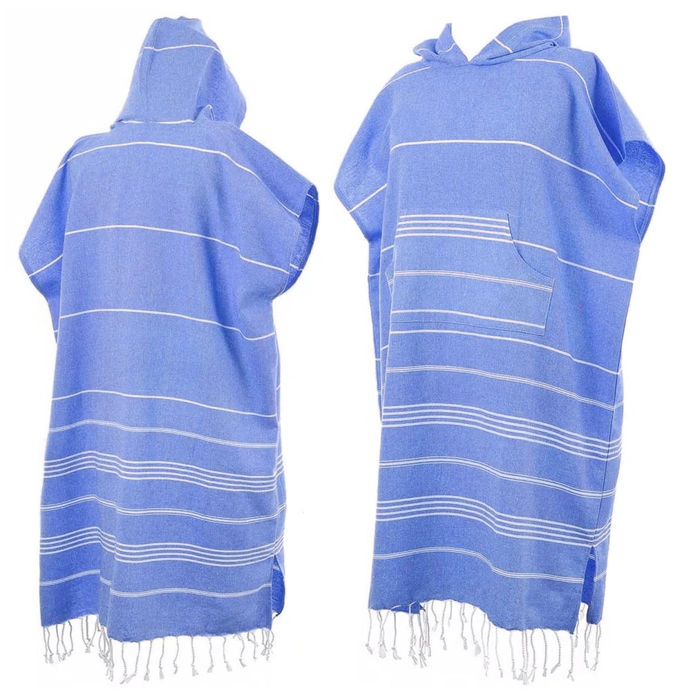Beach Poncho with Hood, Personalized Turkish Towel Poncho, Handmade Beach Coverup, Customizable Unisex Surf Hoodie for Adult, Wetsuit Changing, Quick Dry Cotton, Lightweight, Sand Proof (Blue)