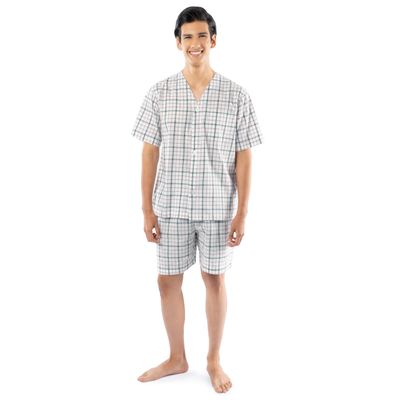 Fruit of the Loom Men's Broadcloth Short Sleeve Pajama Set, Natural/Green Plaid, Small