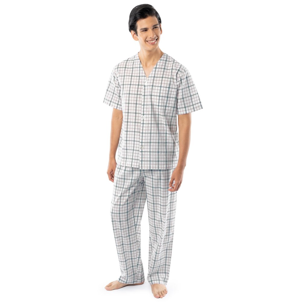 Fruit of the Loom Men's Broadcloth Short Sleeve Top and Long Pants Pajama Set, Natural/Green Plaid, 4X