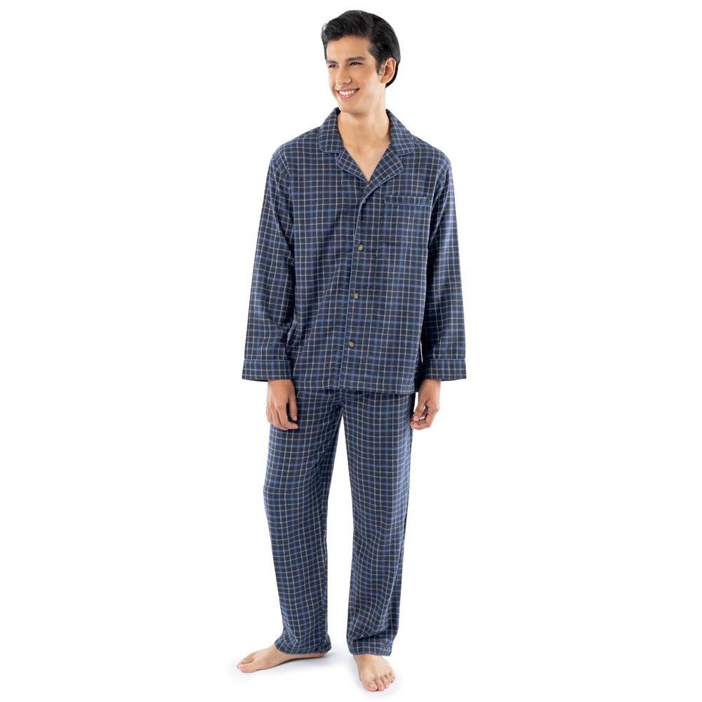 Fruit of the Loom Men's Flannel Pajama Sleep Set, Navy Plaid, 3X