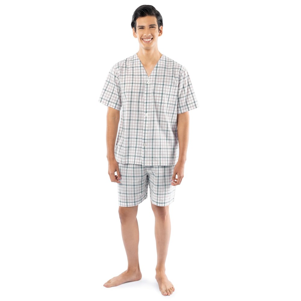 Fruit of the Loom Men's Broadcloth Short Sleeve Pajama Set, Natural/Green Plaid, Medium
