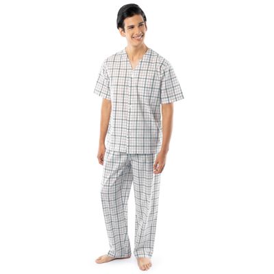 Fruit of the Loom Men's Broadcloth Short Sleeve Top and Long Pants Pajama Set, Natural/Green Plaid, 5X