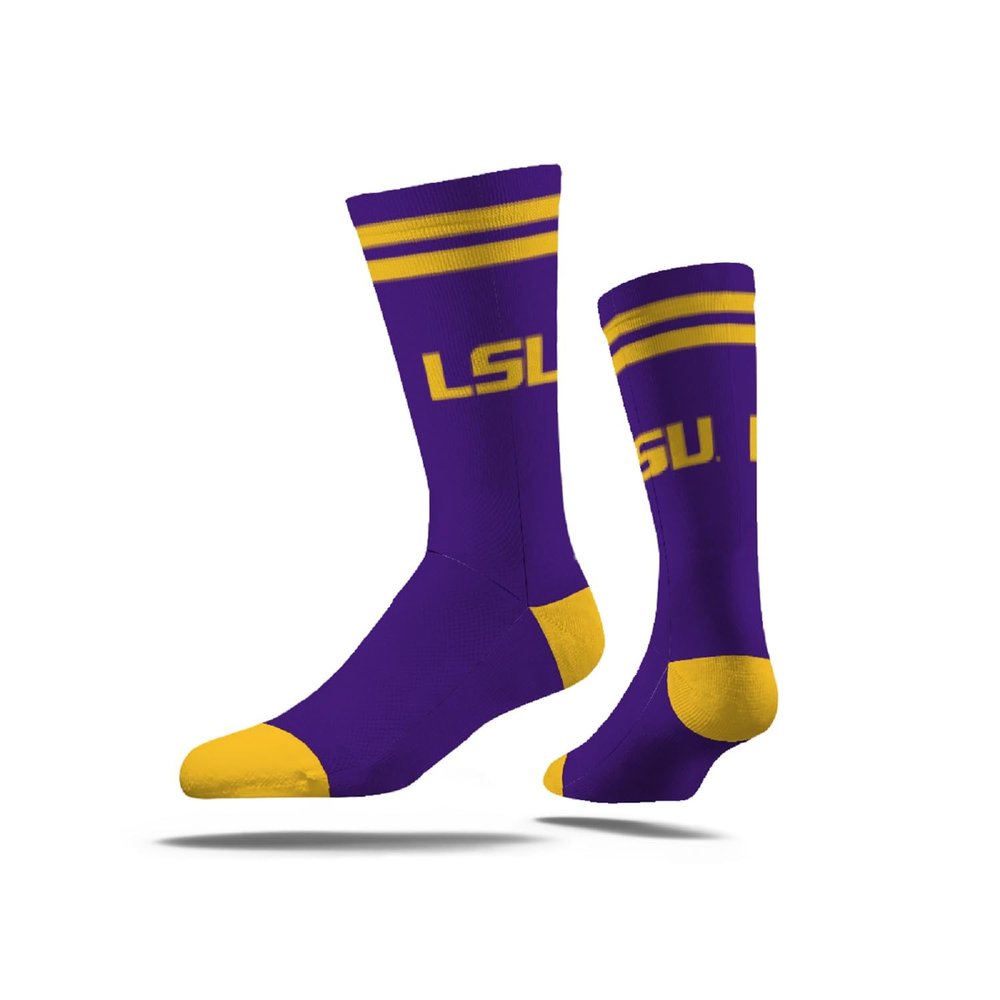 Strideline NCAA Mens 2 Stripe Crew Socks-LSU-Size M/L (8-12)