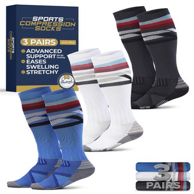 Pembrook 3 Pairs Compression Socks 20-30 mmHg for Travel, Women Compression Socks for Flying, Line Patterns