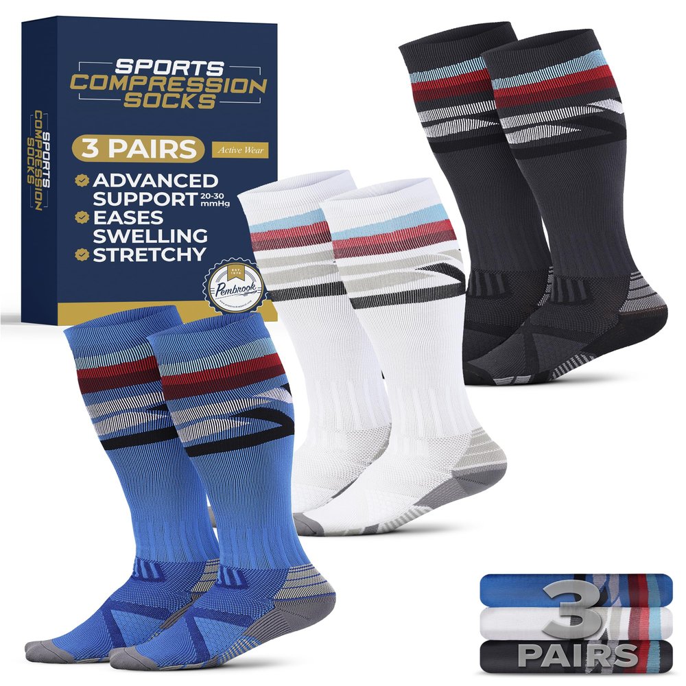 Pembrook 3 Pairs Compression Socks 20-30 mmHg for Travel, Women Compression Socks for Flying, Line Patterns