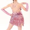 Agoky Girls Latin Dance Dress Sequins Fringe Dress Tassel Dancewear Party Modern Ballroom Cha Cha Salsa Dancer Outfits Pink 8-10 Years view 2