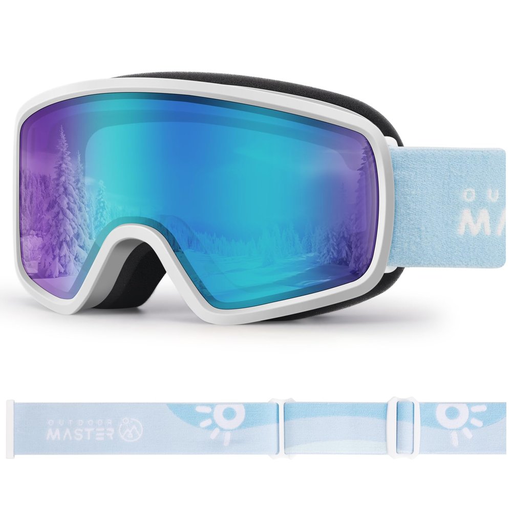 OutdoorMaster Kids Ski Goggles OTG Snowboard Goggles with 100% UV Protection Kids Snow Goggles for Boys Girls Toddler(WhiteFrame Vlt 18.3%+Revo IceBlue Lens)