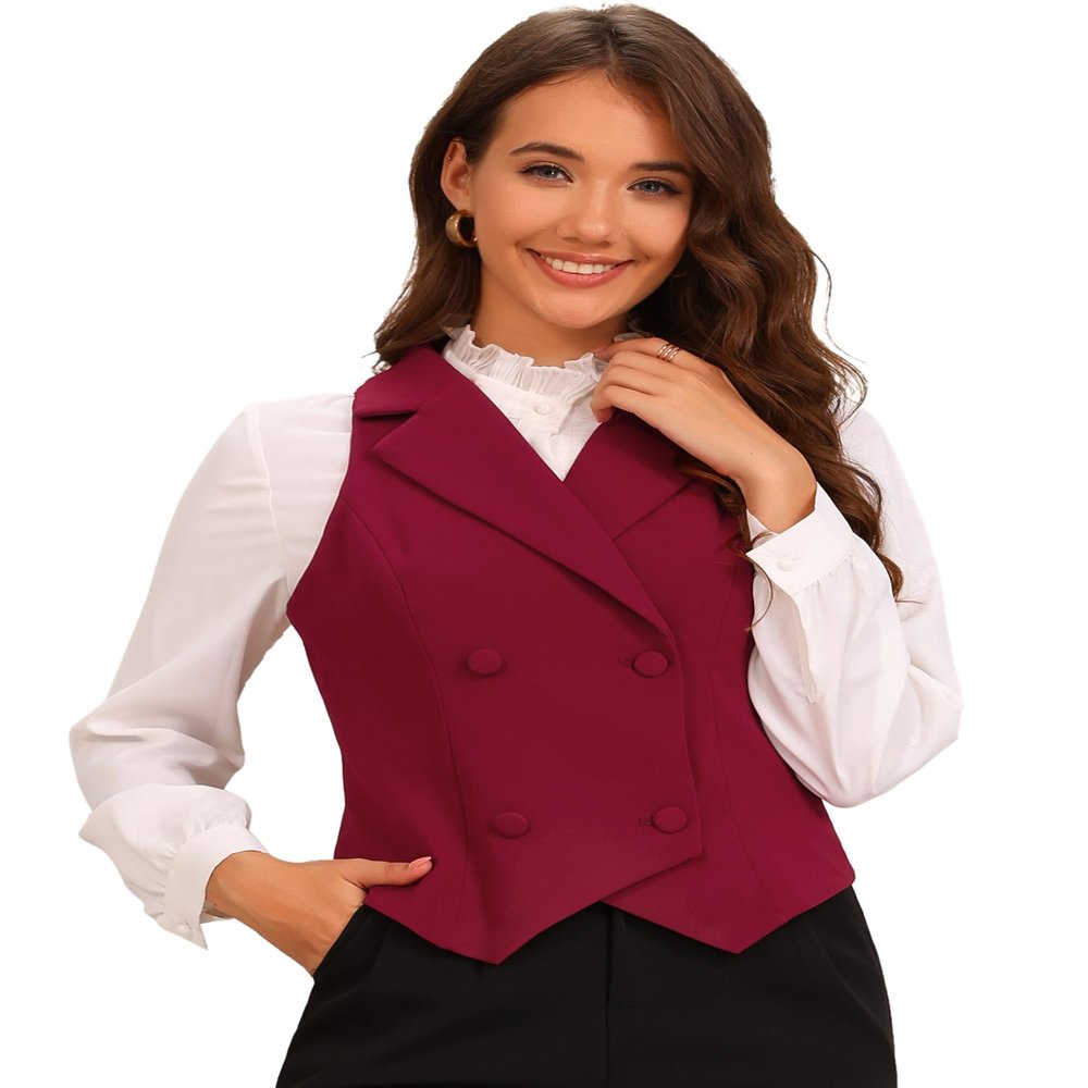 Allegra K Notched Lapel Waistcoat Vest for Women's Double Breasted V Neck Sleeveless Workwear Suit Vests X-Large Burgundy