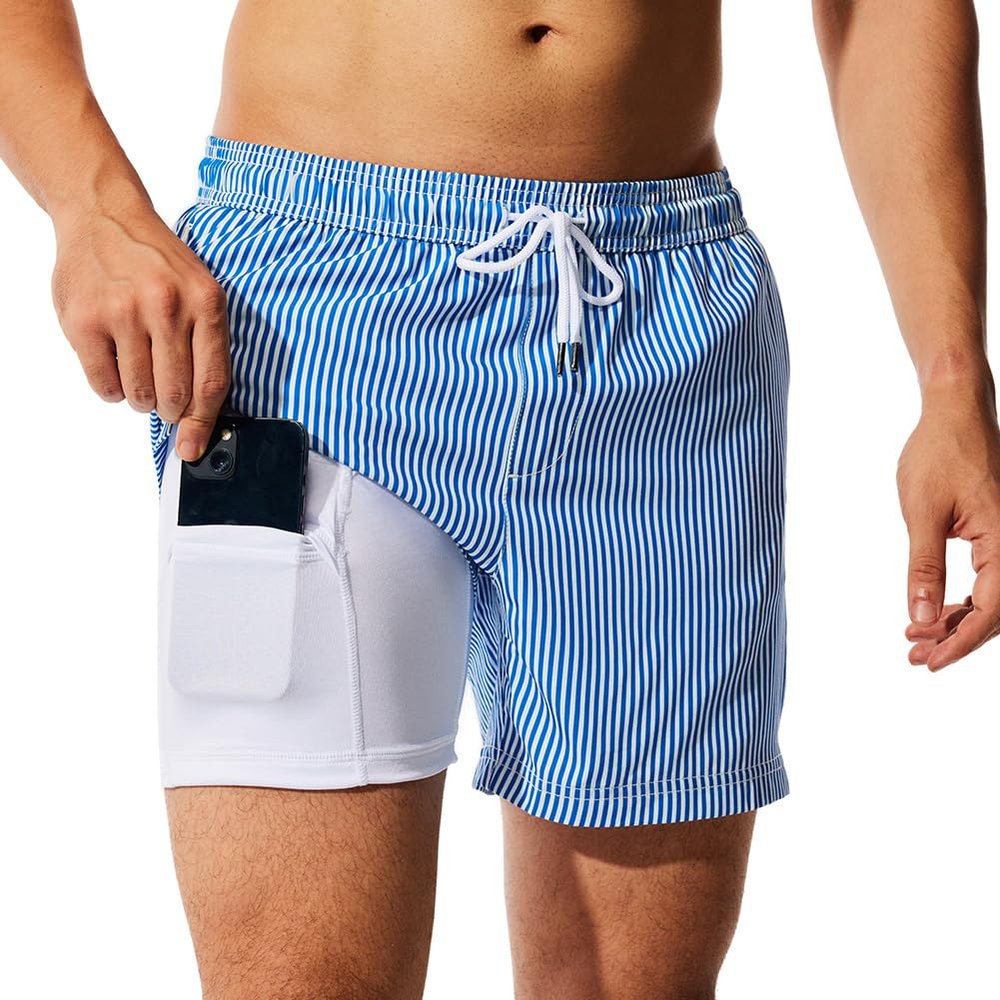 NIMENJOJA Mens 5" Swim Trunks with Compression Liner Stretch Board Shorts Quick Dry Zipper Pockets Beach Shorts