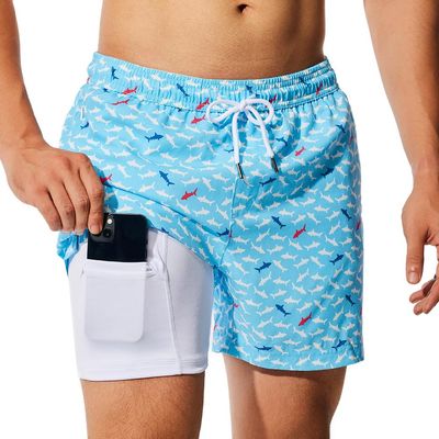NIMENJOJA Mens 5" Swim Trunks with Compression Liner Stretch Board Shorts Quick Dry Zipper Pockets Beach Shorts Blue Shark