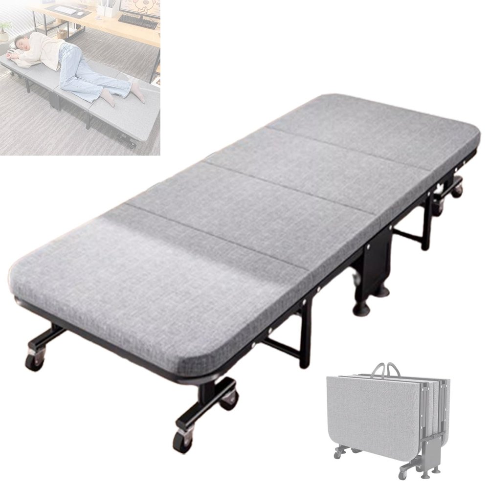 Rollaway Bed with Mattress for Adults, Portable Foldable Bed with Sponge Mats and Strong Sturdy Frame Space Saving Fold Up Bed with Universal Wheel, No Assembly Required(190 * 90 * 30cm)