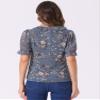 Allegra K Floral Blouse for Women's Ruffle V Neck Puff Short Sleeve Top Small Grey Blue view 3