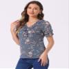 Allegra K Floral Blouse for Women's Ruffle V Neck Puff Short Sleeve Top Small Grey Blue view 4